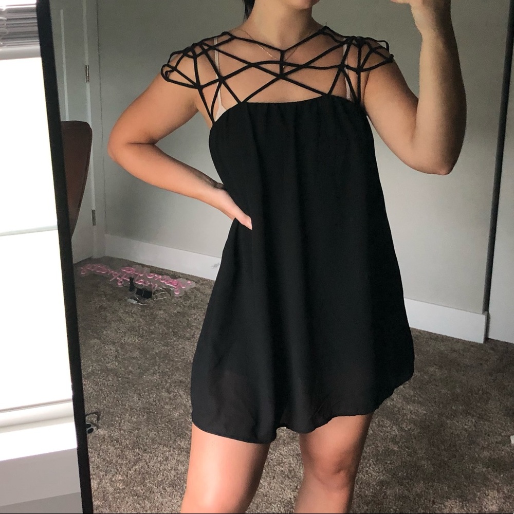 unique black caged strap dress